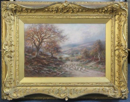 John MacWhirter (1839-1911) Shepherd and flock in a landscape, 12 x 18in.